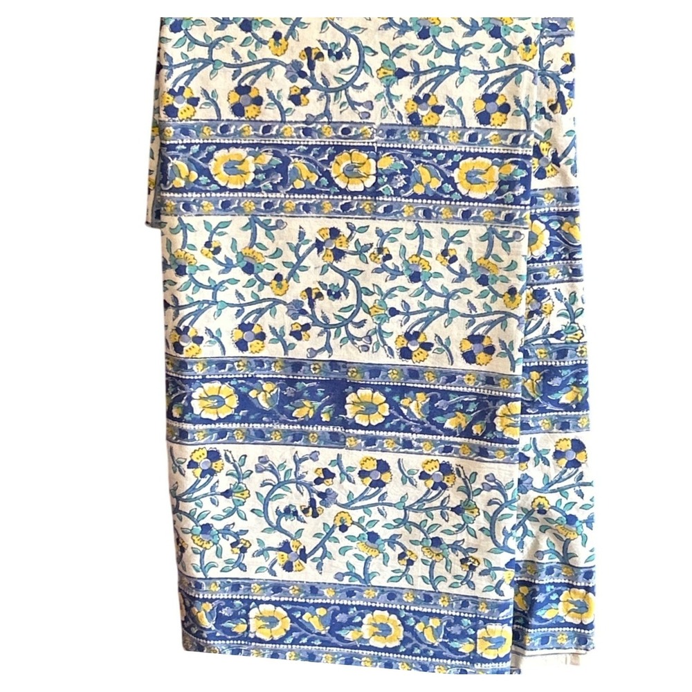 Vintage Cotton Fabric Floral Block Print Rectangular Tablecloth Cottagecore Boho